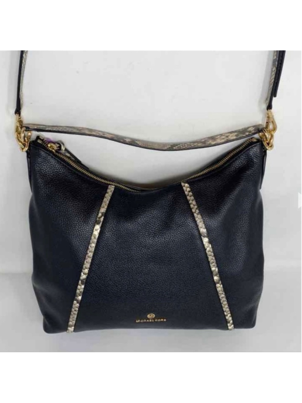 MICHAEL KORS COUTURE BLACK PEBBLE LEATHER WITH SNAKE PRINT HOBO BAG & WALLET EUC - Picture 2 of 11